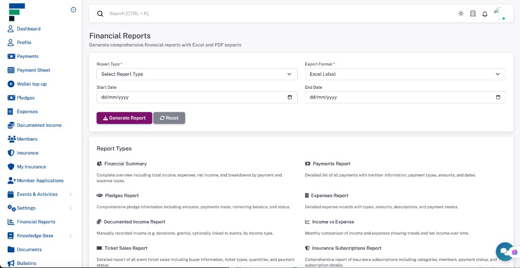 Frate dashboard — financial reports, wallet, insurance, and member tools